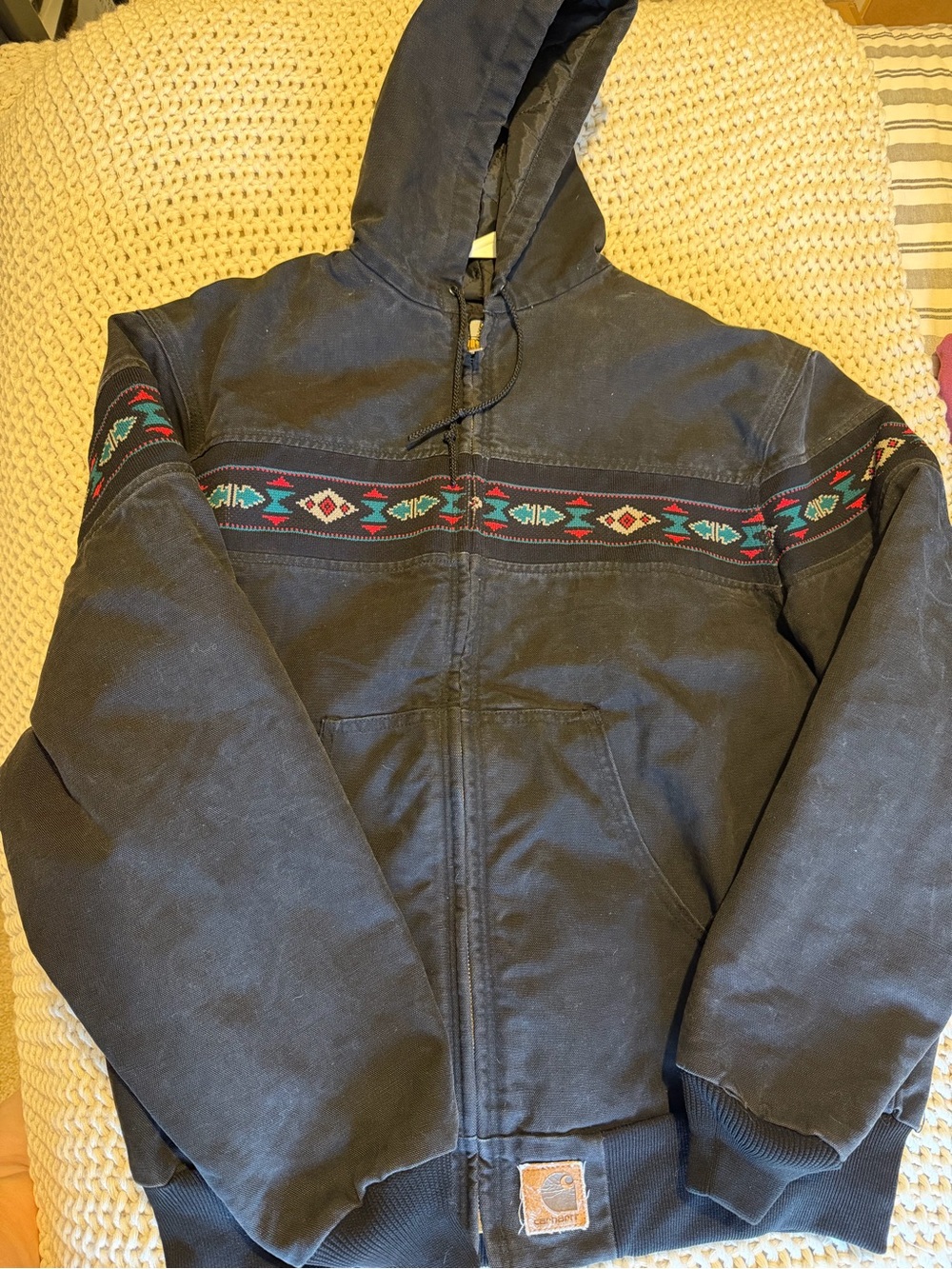 Carhartt Black Hooded Bomber Jacket with Aztec Stripe